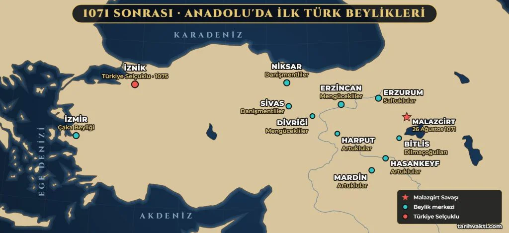 1071 sonrası Anadolu'da kurulan ilk Türk beylikleri haritası: Saltuklular, Mengücekliler, Danişmentliler, Artuklular