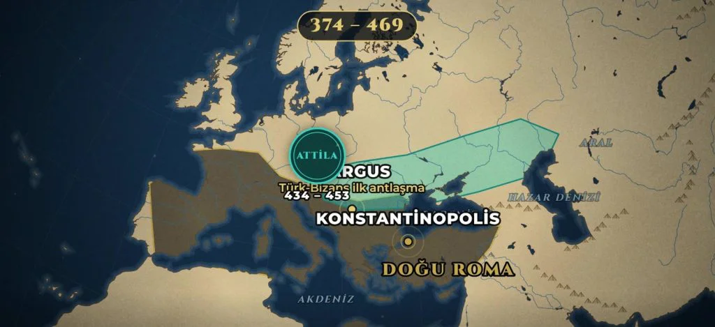 İslamiyet Öncesi Türk Tarihi 3 Avrupa Hun Devleti haritası: Attila döneminde Hun egemenlik alanı, Tuna ve Macaristan ovası