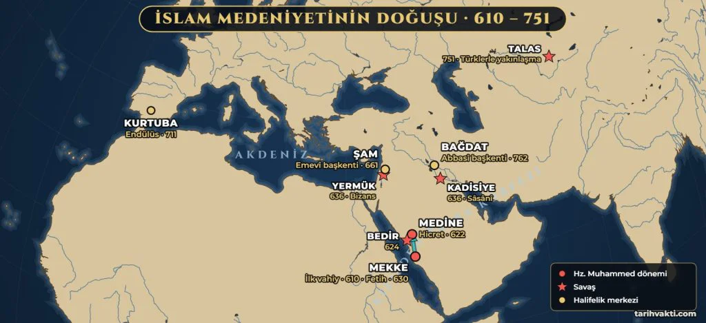 İslam medeniyetinin doğuşu haritası 610–751: Emevi fetihleri, Endülüs, Maveraünnehir ve Talas