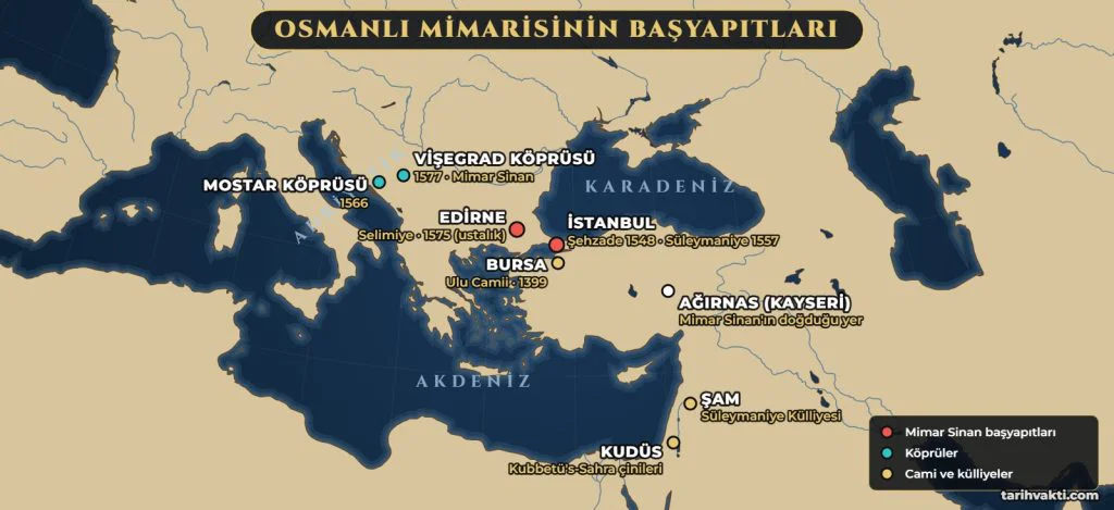 Osmanlı mimarisinin başyapıtları haritası: Bursa Ulu Camii, Şehzade, Süleymaniye, Selimiye