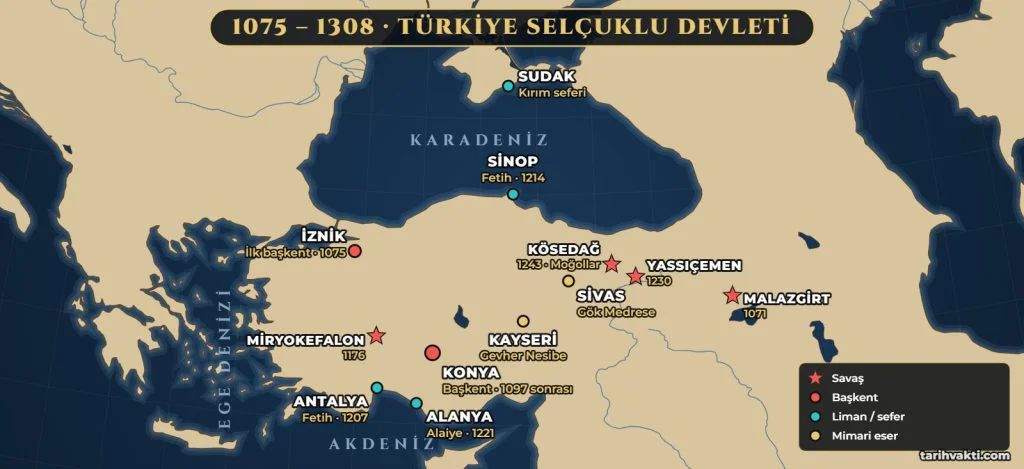 Anadolu Selçuklu Devleti Önemli Notlar 2 Türkiye (Anadolu) Selçuklu Devleti haritası: İznik ve Konya, Malazgirt, Miryokefalon, Yassıçemen, Kösedağ