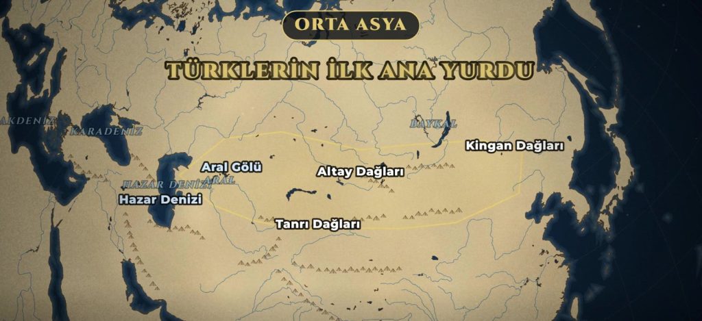 İslamiyet Öncesi Türk Tarihi 2 Türklerin ilk ana yurdu Orta Asya haritası: Altay ve Tanrı Dağları, Aral Gölü, Hazar Denizi, Ötüken